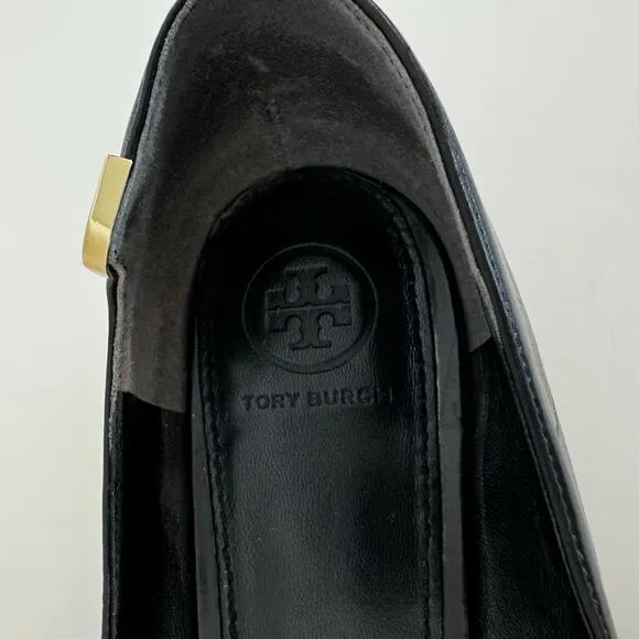 Tory Burch Elizabeth Logo Black Leather Pumps Shoes Round Toe Block Heel 9M