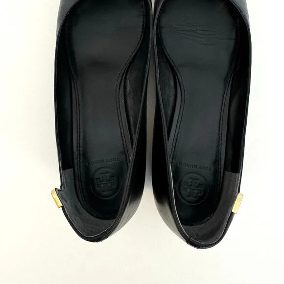 Tory Burch Elizabeth Logo Black Leather Pumps Shoes Round Toe Block Heel 9M