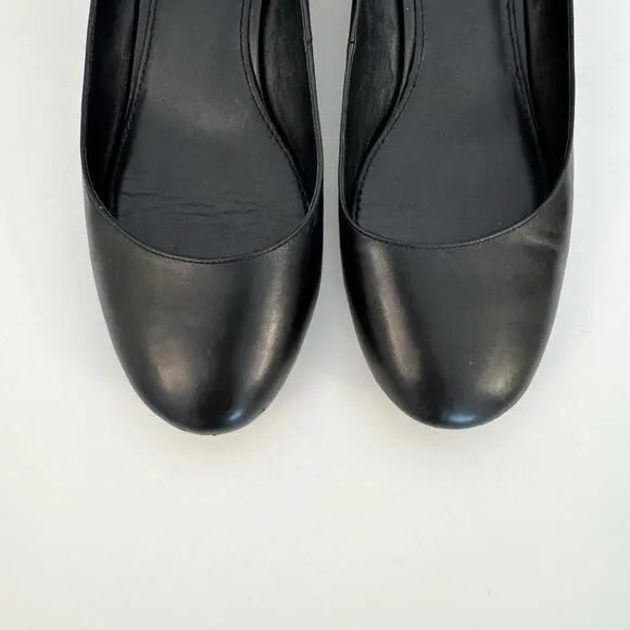 Tory Burch Elizabeth Logo Black Leather Pumps Shoes Round Toe Block Heel 9M