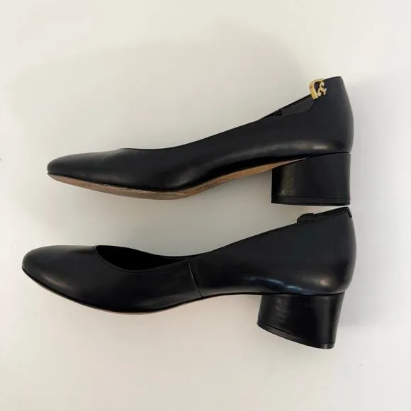 Tory Burch Elizabeth Logo Black Leather Pumps Shoes Round Toe Block Heel 9M