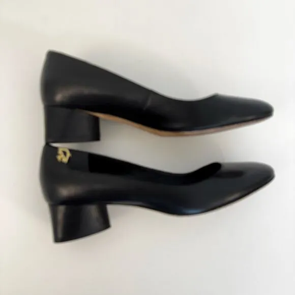 Tory Burch Elizabeth Logo Black Leather Pumps Shoes Round Toe Block Heel 9M