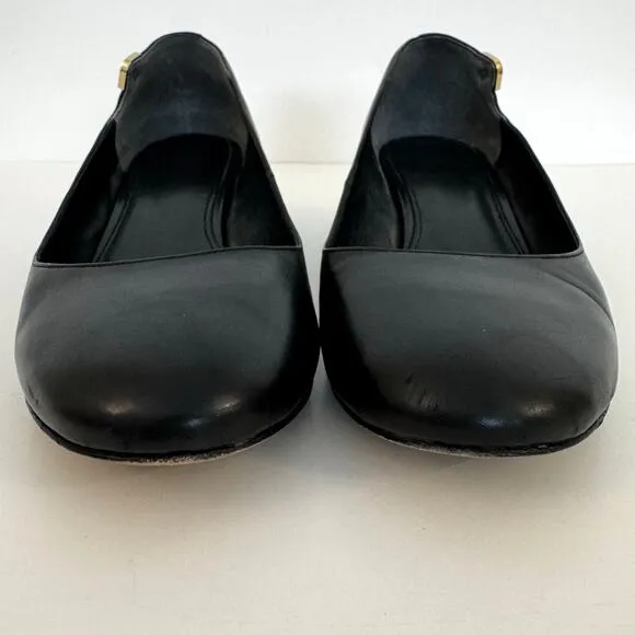 Tory Burch Elizabeth Logo Black Leather Pumps Shoes Round Toe Block Heel 9M