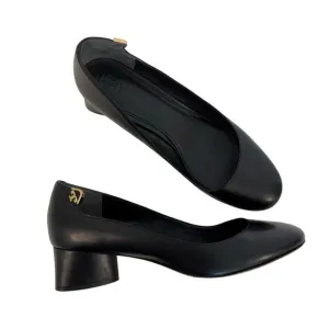 Tory Burch Elizabeth Logo Black Leather Pumps Shoes Round Toe Block Heel 9M
