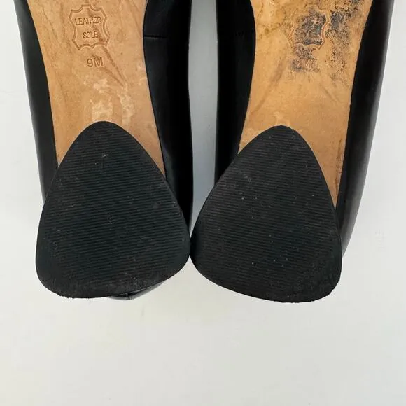 Tory Burch Elizabeth Logo Black Leather Pumps Shoes Round Toe Block Heel 9M