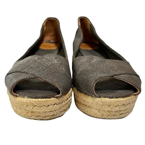 Tory Burch Filipa Pewter Linen Espadrille Wedges - Metallic Peep-Toe Heels