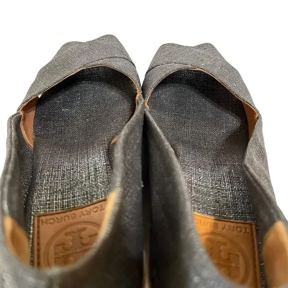 Tory Burch Filipa Pewter Linen Espadrille Wedges - Metallic Peep-Toe Heels