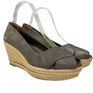Tory Burch Filipa Pewter Linen Espadrille Wedges - Metallic Peep-Toe Heels