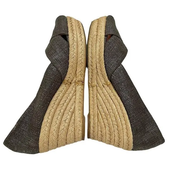 Tory Burch Filipa Pewter Linen Espadrille Wedges - Metallic Peep-Toe Heels