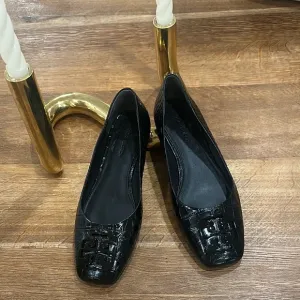 Tory Burch Georgia Croc Embossed Leather Ballet Flat Shoes Black (6.5)