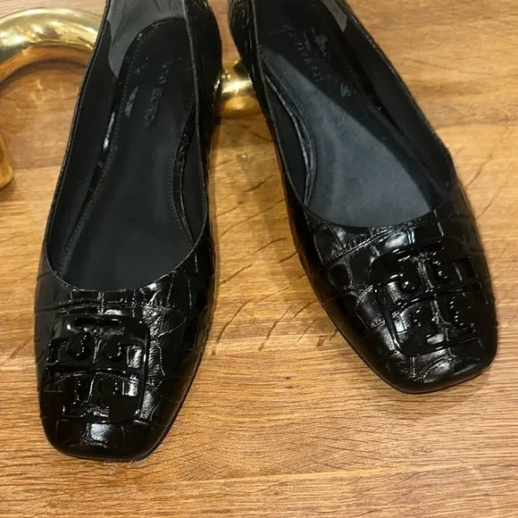 Tory Burch Georgia Croc Embossed Leather Ballet Flat Shoes Black (6.5)