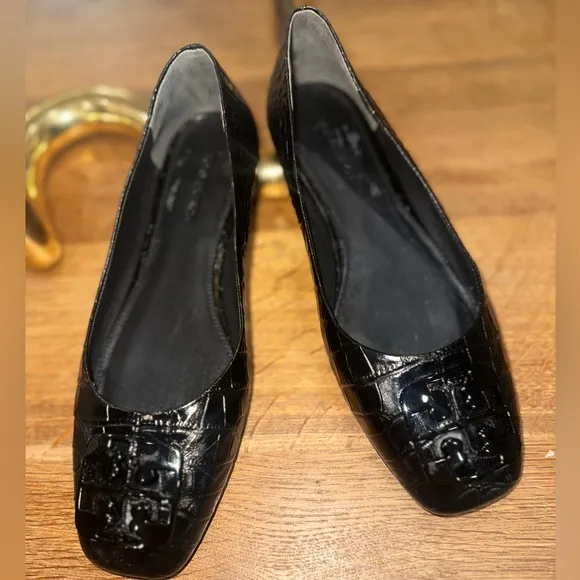 Tory Burch Georgia Croc Embossed Leather Ballet Flat Shoes Black (6.5)