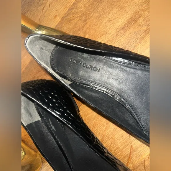 Tory Burch Georgia Croc Embossed Leather Ballet Flat Shoes Black (6.5)