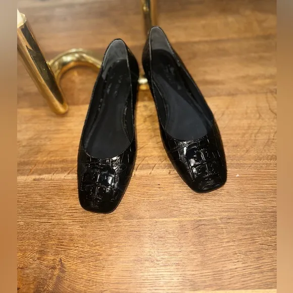 Tory Burch Georgia Croc Embossed Leather Ballet Flat Shoes Black (6.5)