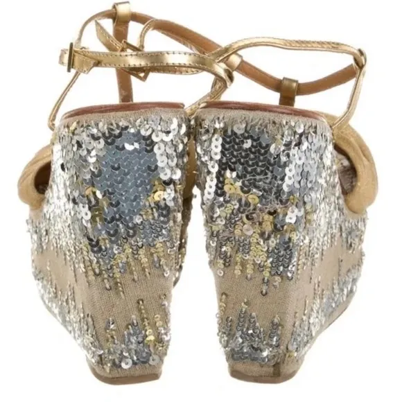 Tory Burch Gold Metallic Wedges Leather Platform Sequin Embellished Sandals