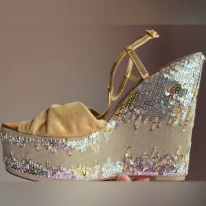 Tory Burch Gold Metallic Wedges Leather Platform Sequin Embellished Sandals