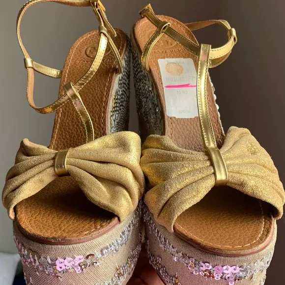 Tory Burch Gold Metallic Wedges Leather Platform Sequin Embellished Sandals