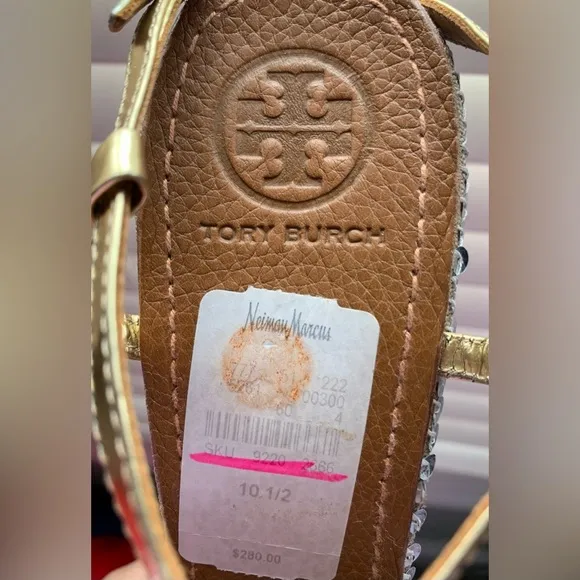 Tory Burch Gold Metallic Wedges Leather Platform Sequin Embellished Sandals