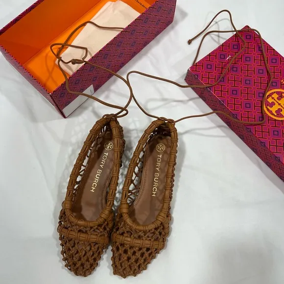 Tory Burch Helena brown mesh lace up ballet flat
