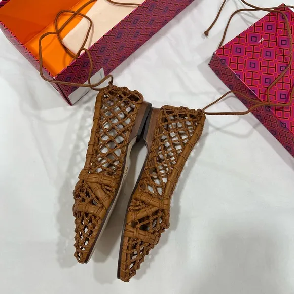 Tory Burch Helena brown mesh lace up ballet flat