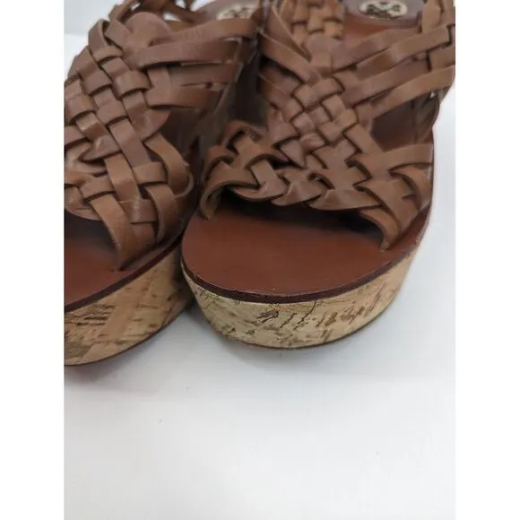 Tory Burch Killian Wedge Sandal Brown Woven Cork Platform Leather Open Toe 9.5 M