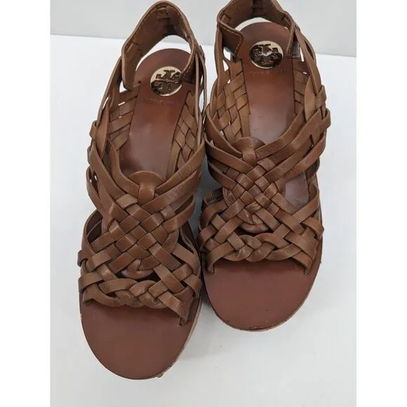 Tory Burch Killian Wedge Sandal Brown Woven Cork Platform Leather Open Toe 9.5 M