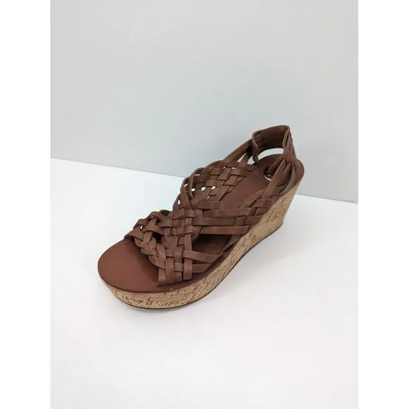 Tory Burch Killian Wedge Sandal Brown Woven Cork Platform Leather Open Toe 9.5 M