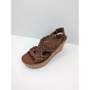 Tory Burch Killian Wedge Sandal Brown Woven Cork Platform Leather Open Toe 9.5 M