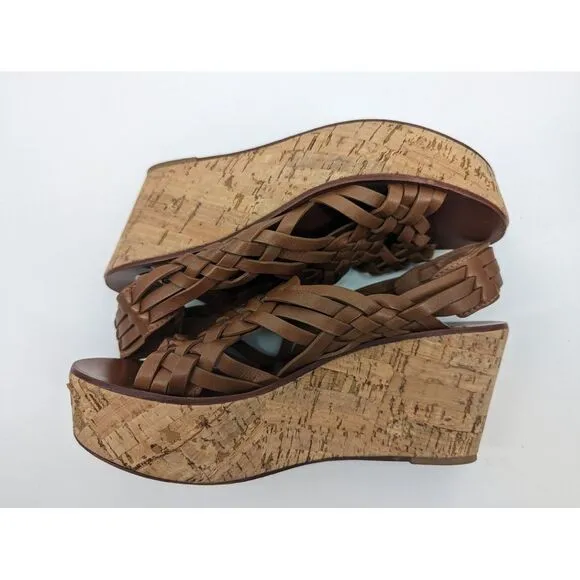 Tory Burch Killian Wedge Sandal Brown Woven Cork Platform Leather Open Toe 9.5 M