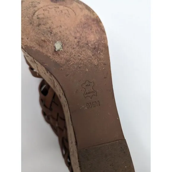 Tory Burch Killian Wedge Sandal Brown Woven Cork Platform Leather Open Toe 9.5 M
