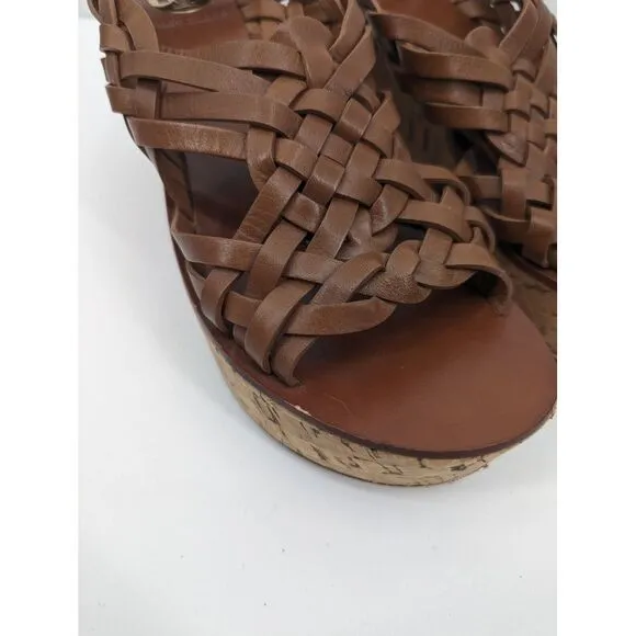 Tory Burch Killian Wedge Sandal Brown Woven Cork Platform Leather Open Toe 9.5 M