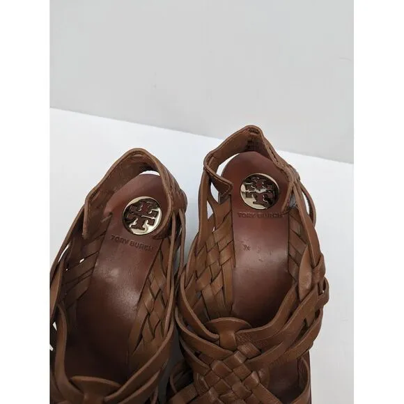 Tory Burch Killian Wedge Sandal Brown Woven Cork Platform Leather Open Toe 9.5 M