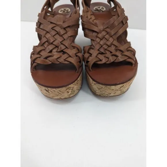 Tory Burch Killian Wedge Sandal Brown Woven Cork Platform Leather Open Toe 9.5 M
