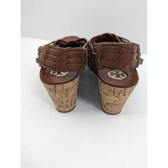Tory Burch Killian Wedge Sandal Brown Woven Cork Platform Leather Open Toe 9.5 M