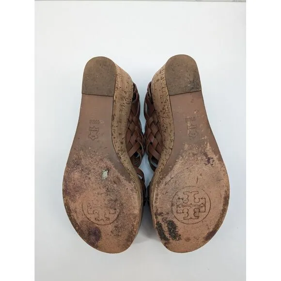 Tory Burch Killian Wedge Sandal Brown Woven Cork Platform Leather Open Toe 9.5 M