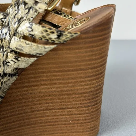 Tory Burch Leslie Wooden Platform Wedges. Leather Snake Skin Print. Size 9.5.