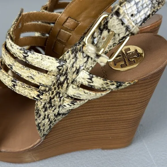 Tory Burch Leslie Wooden Platform Wedges. Leather Snake Skin Print. Size 9.5.