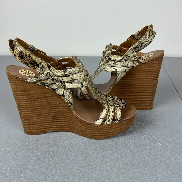 Tory Burch Leslie Wooden Platform Wedges. Leather Snake Skin Print. Size 9.5.