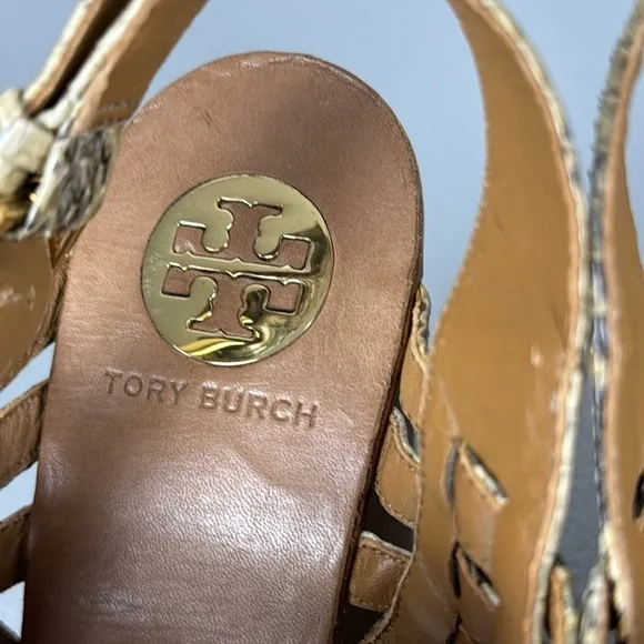 Tory Burch Leslie Wooden Platform Wedges. Leather Snake Skin Print. Size 9.5.