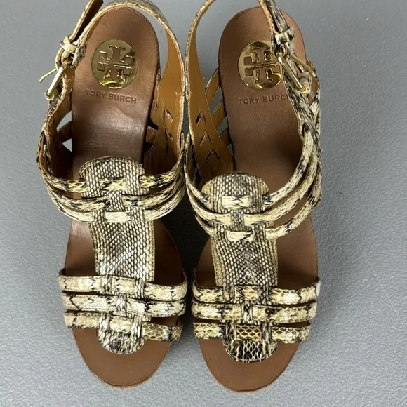 Tory Burch Leslie Wooden Platform Wedges. Leather Snake Skin Print. Size 9.5.