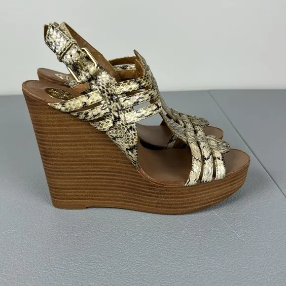Tory Burch Leslie Wooden Platform Wedges. Leather Snake Skin Print. Size 9.5.
