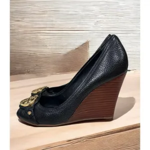 Tory Burch Leticia Peep Toe Leather Wedge Heels Size 7.5M