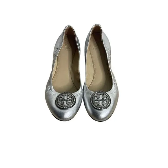 Tory Burch Liana Round Toe Rhinestone Logo Metallic Leather Ballet Flats Size 7