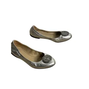 Tory Burch Liana Round Toe Rhinestone Logo Metallic Leather Ballet Flats Size 7