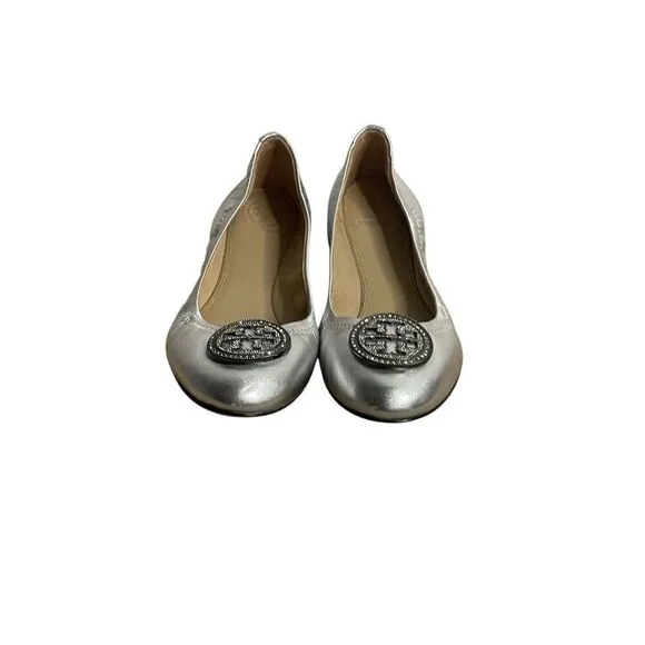 Tory Burch Liana Round Toe Rhinestone Logo Metallic Leather Ballet Flats Size 7