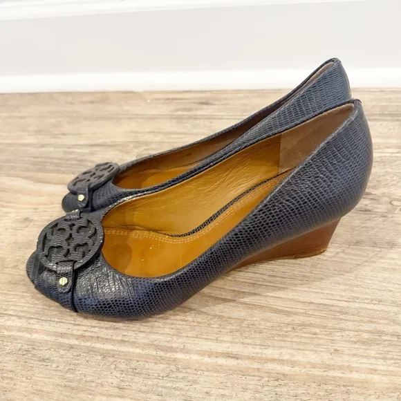 Tory Burch Lizard Print Leather Wedges - Size US 9