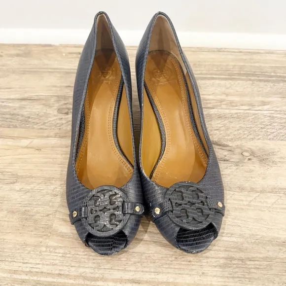 Tory Burch Lizard Print Leather Wedges - Size US 9