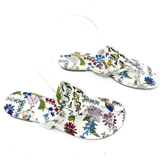 TORY BURCH Miller Cream Rainbow Floral Patent Leather Sandals Size 6.5