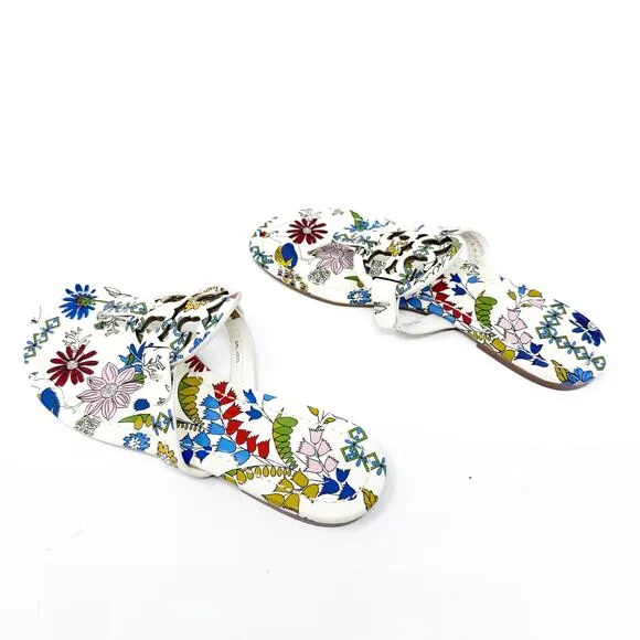 TORY BURCH Miller Cream Rainbow Floral Patent Leather Sandals Size 6.5
