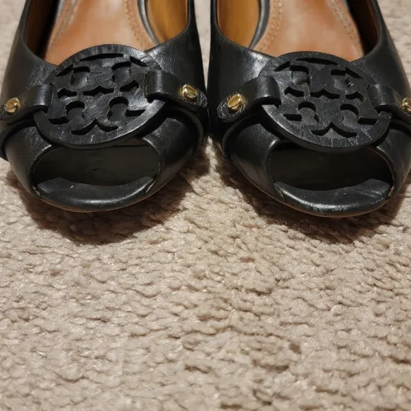 Tory Burch Mini Miller Peep Toe Wedge Black Size 7.5
