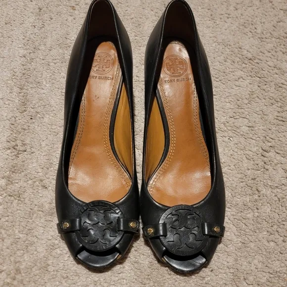 Tory Burch Mini Miller Peep Toe Wedge Black Size 7.5